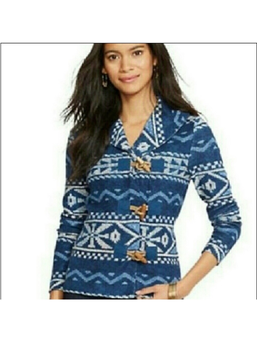 Lauren Ralph Lauren Cardigan Blue Southwestern Boho Toggle Shawl Collar M